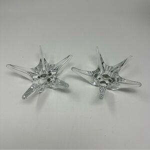 2x Daum Signed pre-1960 Star Shaped Crystal Candlestick Holders 6” Diameter